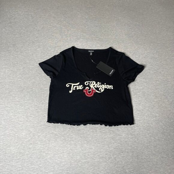 True Religion Women’s Short Sleeve Notched Baby T-Shirt Top - Picture 7 of 9